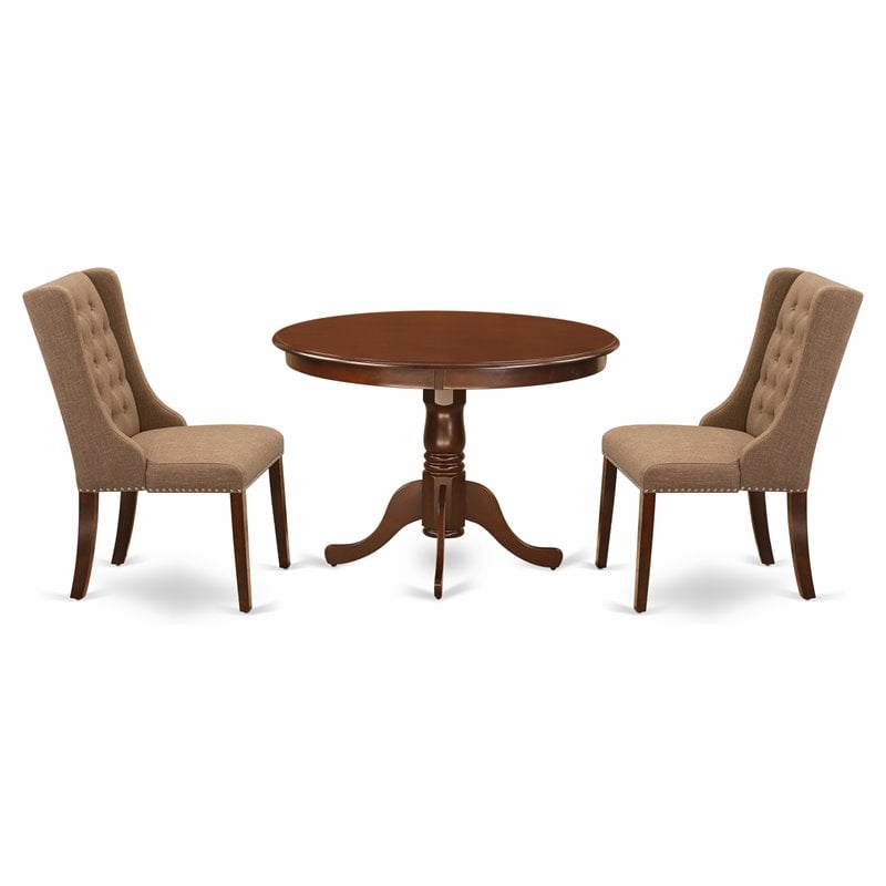 Pemberly Row 3-Piece Wood Dining Set with Linen Fabric Chairs in Mahogany Sable
