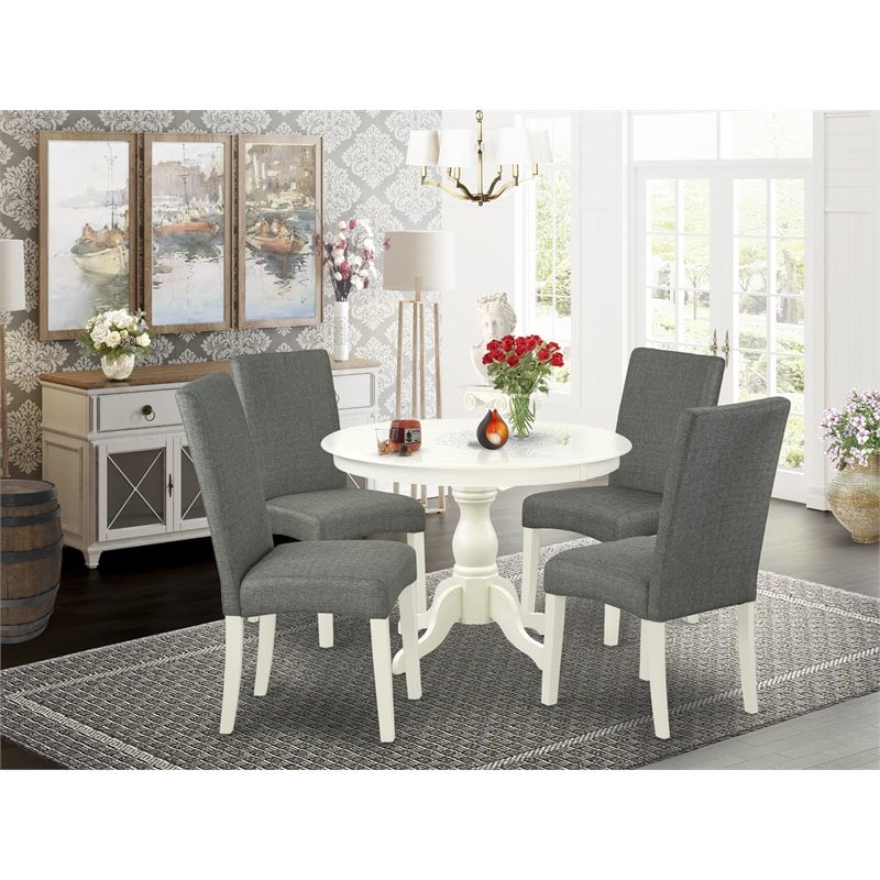 Pemberly Row 5 Piece Wood Dining Set with Round Table in Linen White/Gray