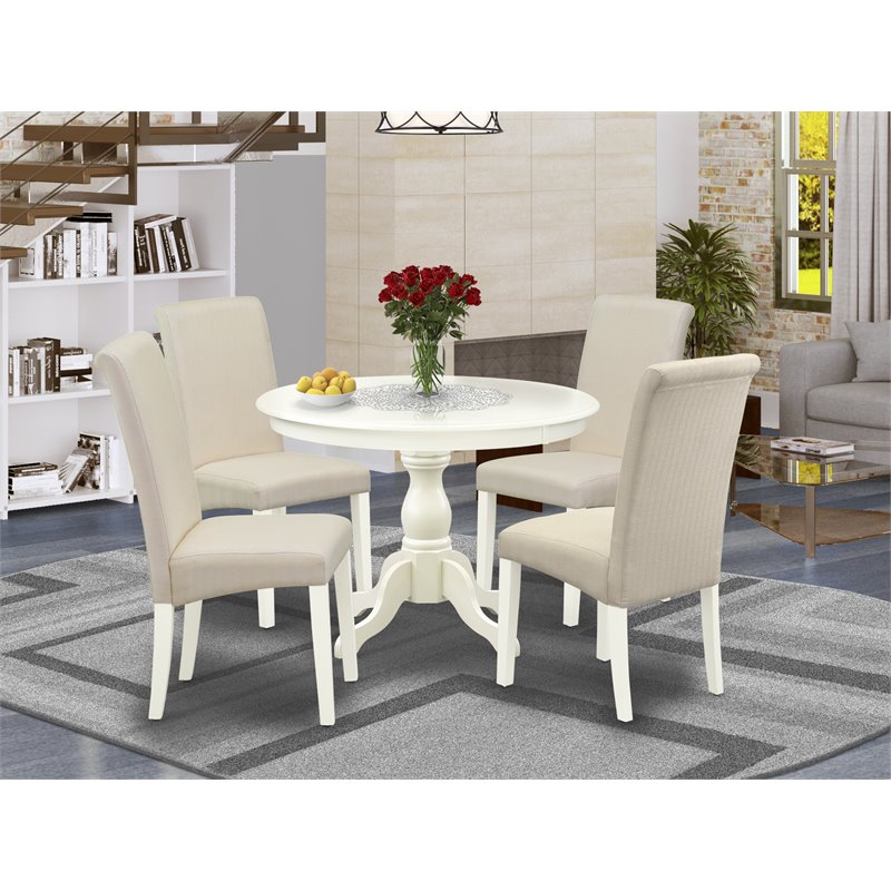 Pemberly Row 5 Piece Wood Dining Set with Round Table in Linen White/Cream