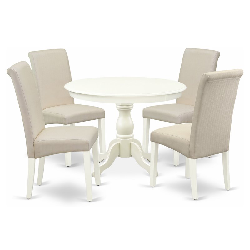 Pemberly Row 5 Piece Wood Dining Set with Round Table in Linen White/Cream
