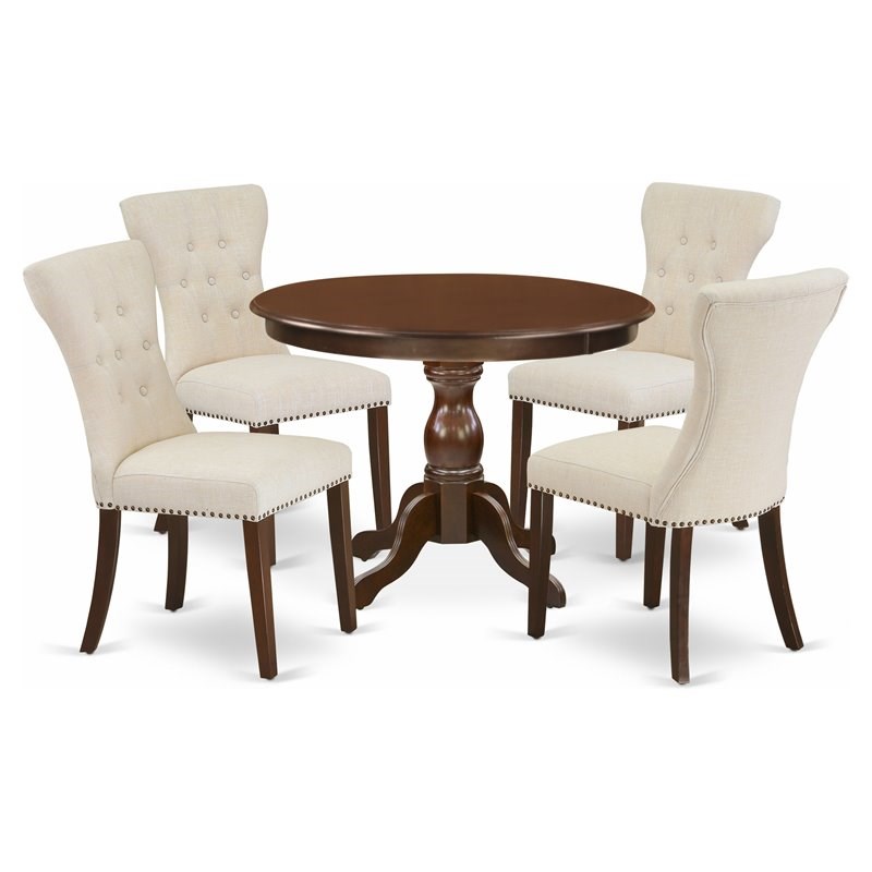 Pemberly Row 5-Piece Wood Dining Set in Mahogany & Light Beige