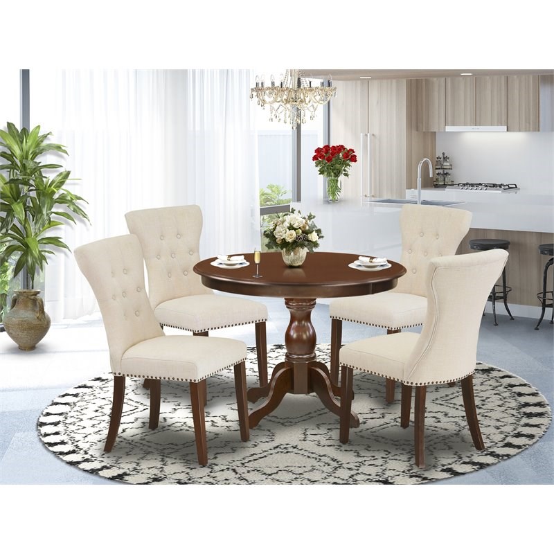 Pemberly Row 5-Piece Wood Dining Set in Mahogany & Light Beige