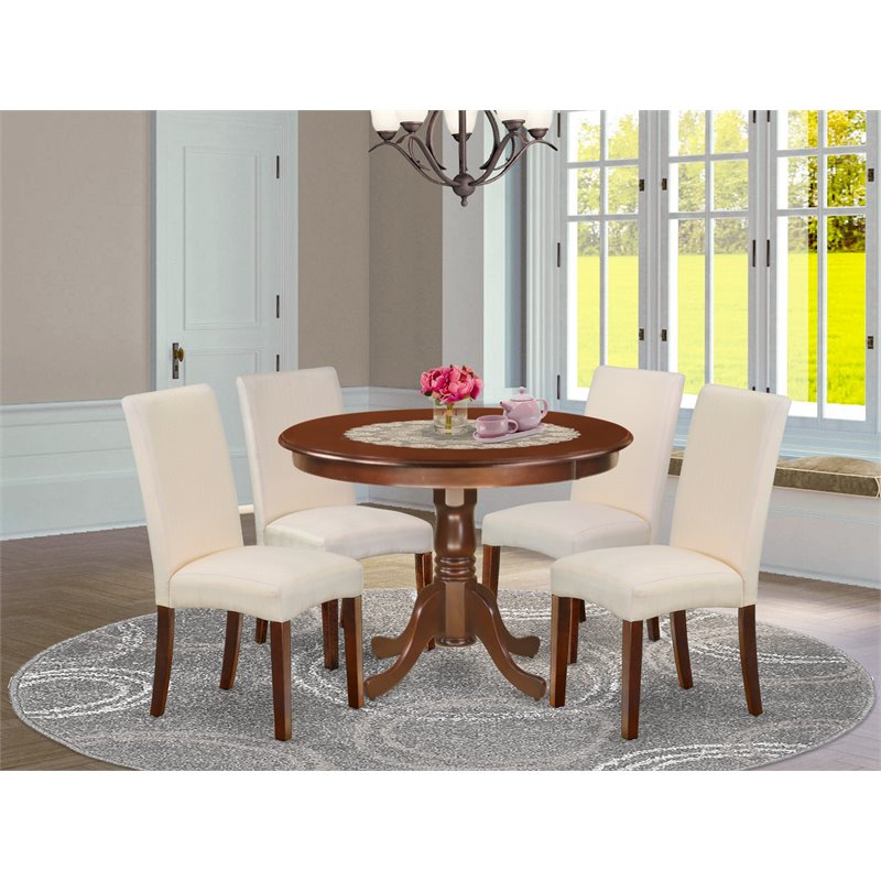Pemberly Row 5-Piece Wood Dining Set Mahogany Finish with Cream Seats