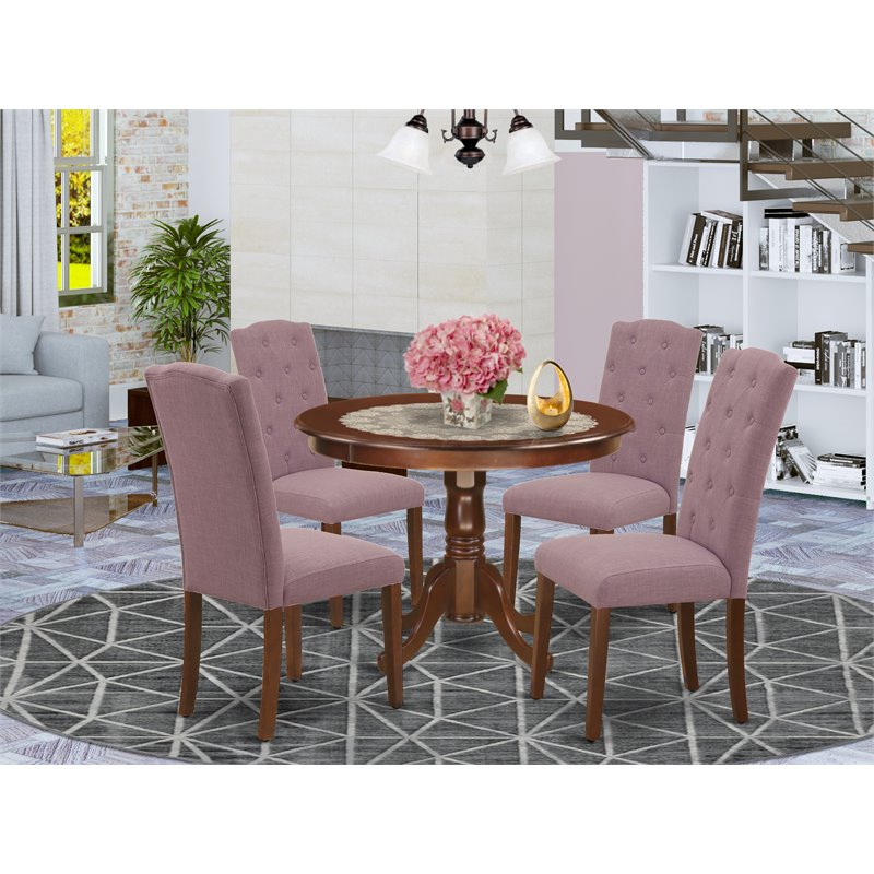 Pemberly Row 5-Piece Wood Dining Set Mahogany Finish with Linen Seat