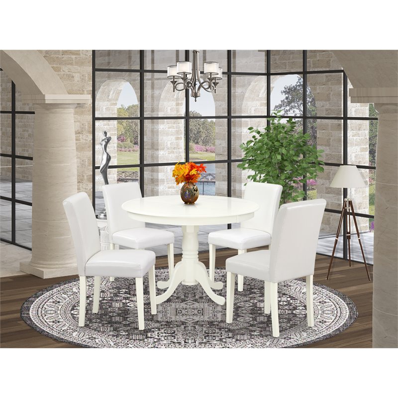 Pemberly Row 5-Piece Wood Dining Set with PU Leather Seats in Linen White/White