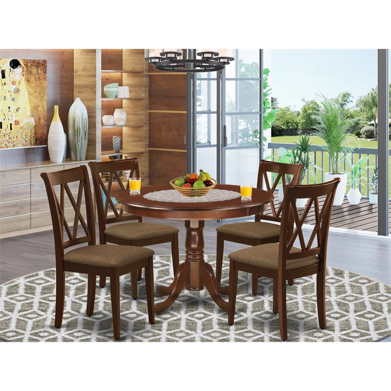 Pemberly Row 5-Piece Wood Table Set with Linen Seats in Mahogany Finish