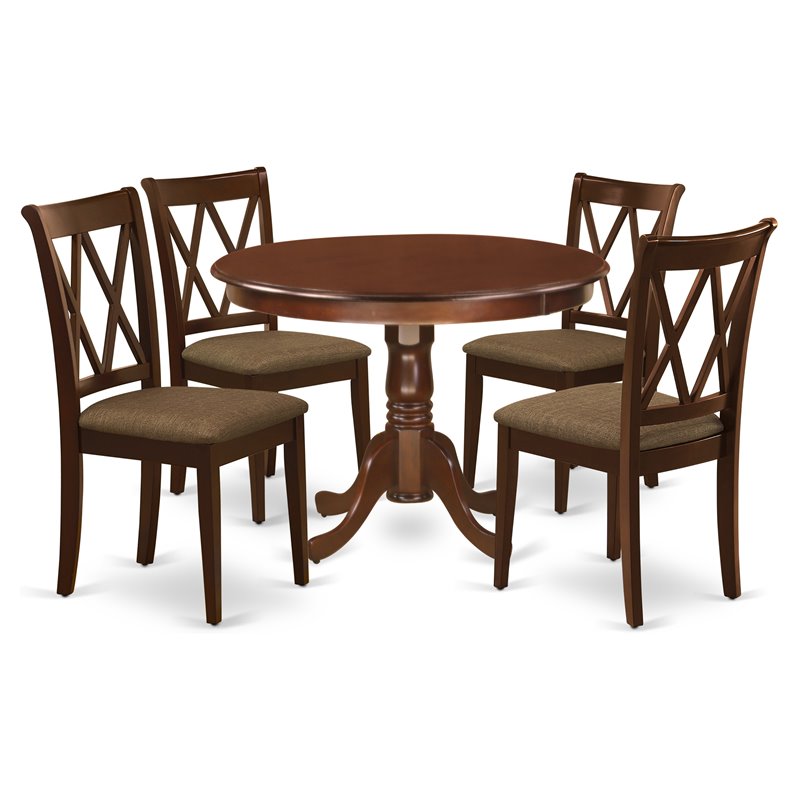 Pemberly Row 5-Piece Wood Table Set with Linen Seats in Mahogany Finish