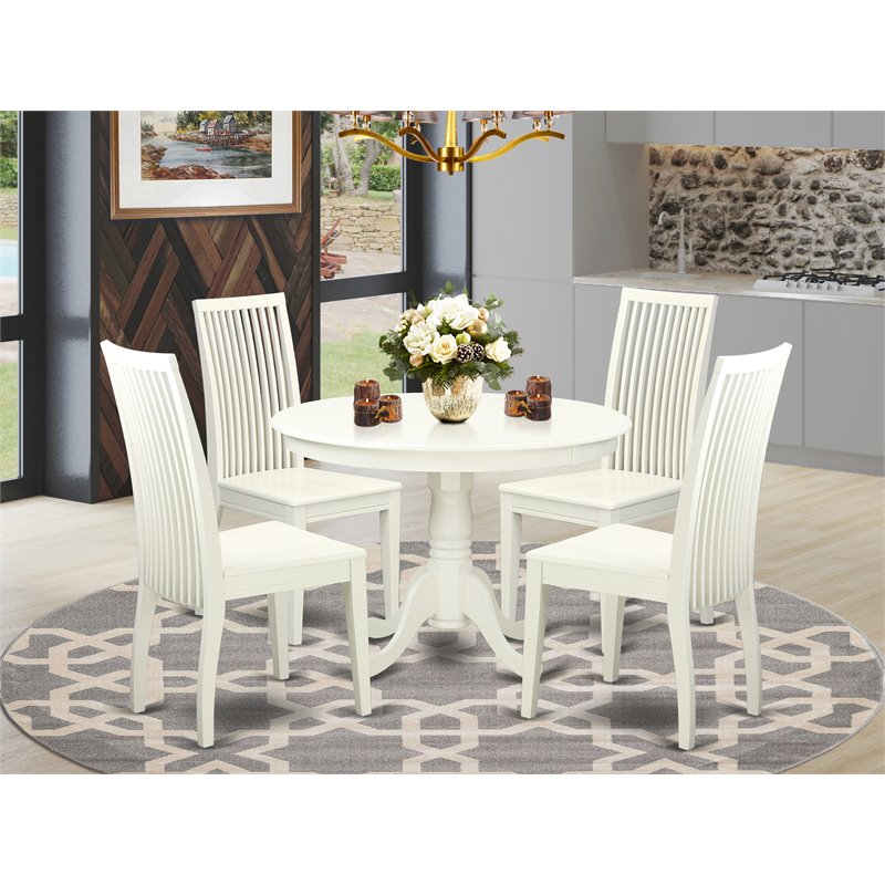 Pemberly Row 5-Piece Dining Set with Wood Seats in Linen White Finish
