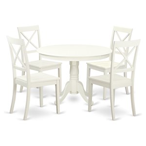 Pemberly Row 5-Piece Round Wood Dining Set in Linen White with Wooden Seats