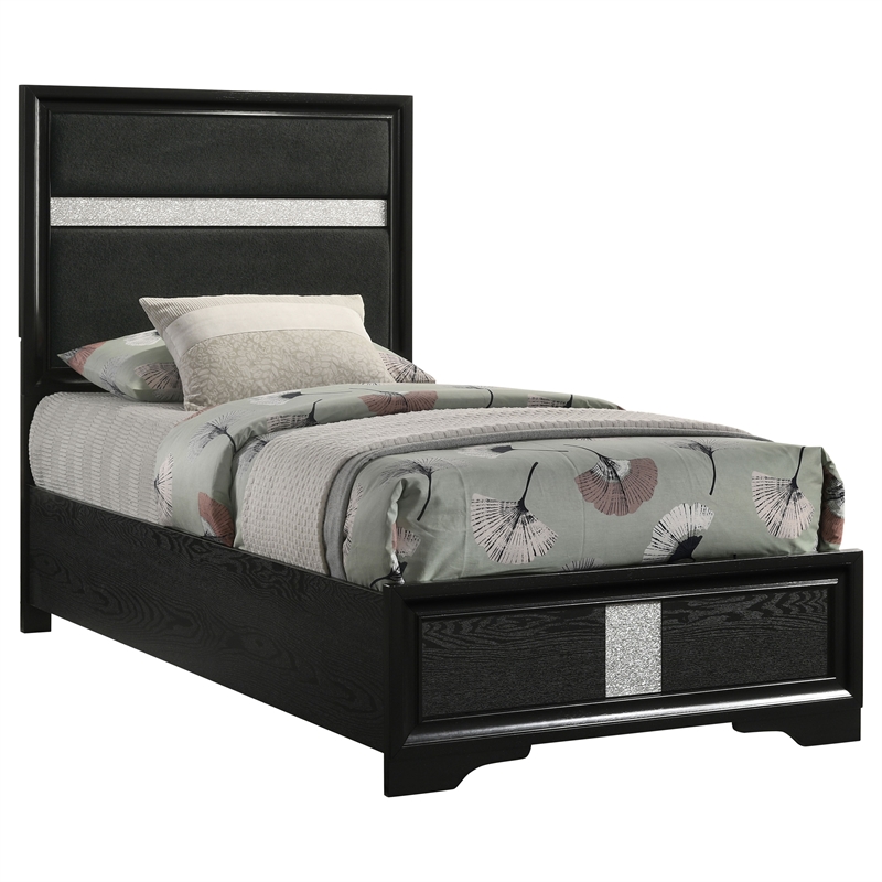 Pemberly Row 54-Inch Upholstered Twin Panel Bed in Black Finish