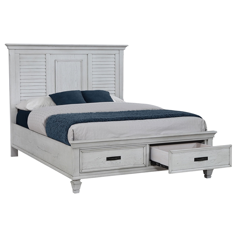 Pemberly Row Wood Queen Storage Panel Bed in Distressed White