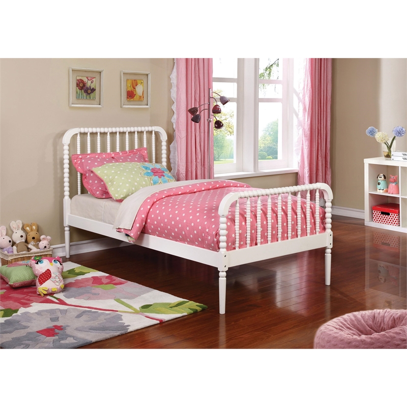 Pemberly Row Wood Twin Open Frame Spindle Bed in White Finish