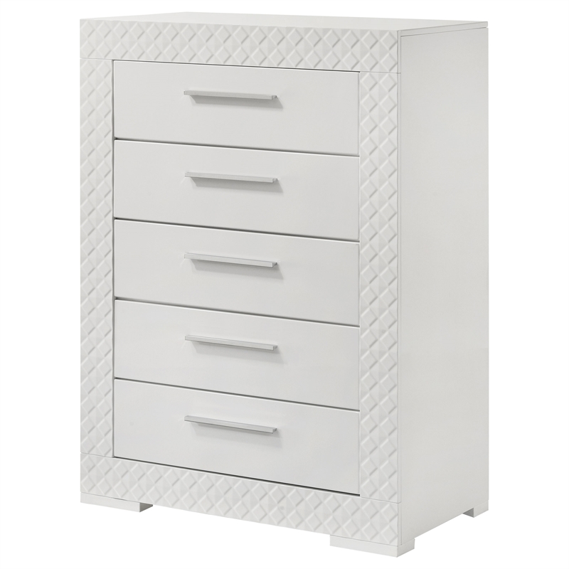 Pemberly Row 5-Drawer High Gloss Bedroom Chest in White Finish