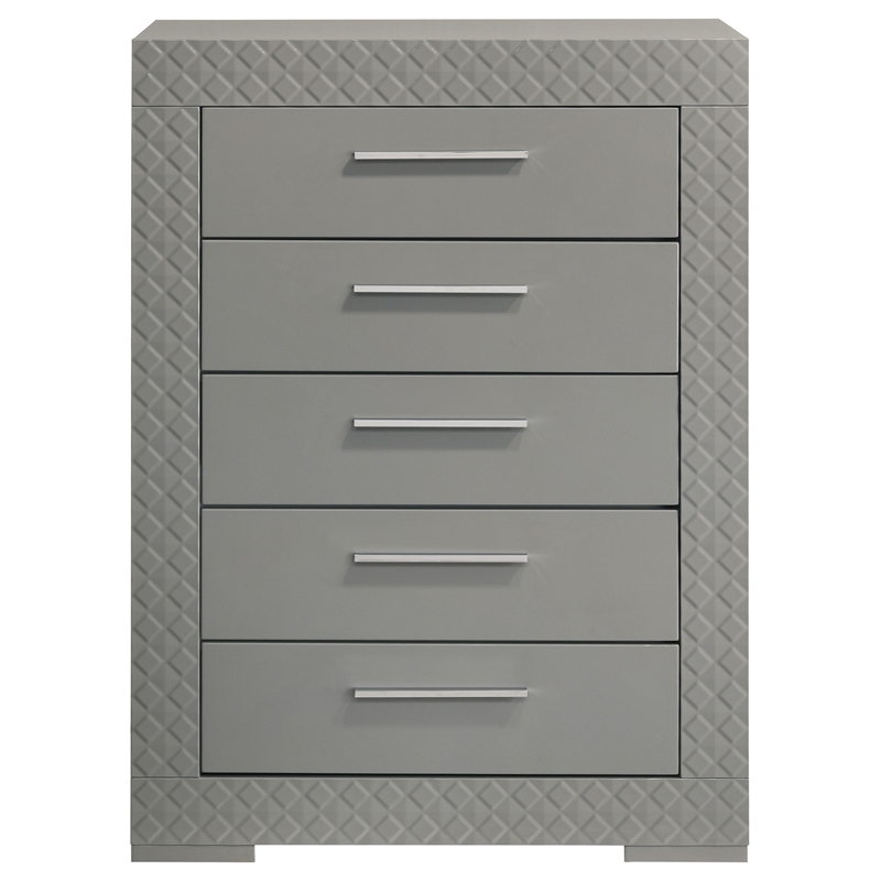 Pemberly Row 5-Drawer High Gloss Bedroom Chest in Grey Finish