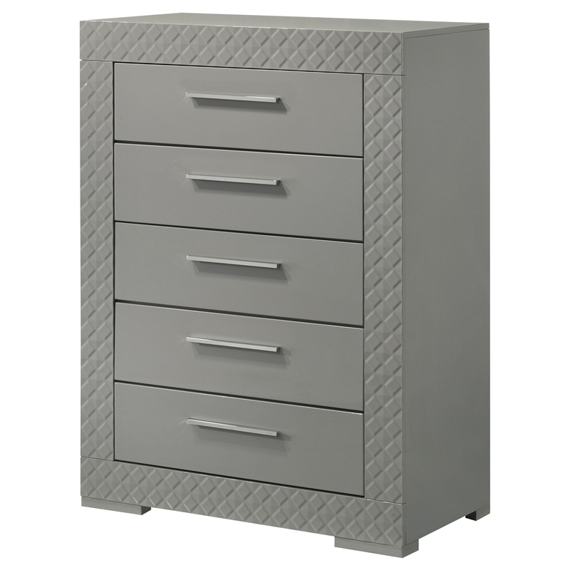 Pemberly Row 5-Drawer High Gloss Bedroom Chest in Grey Finish