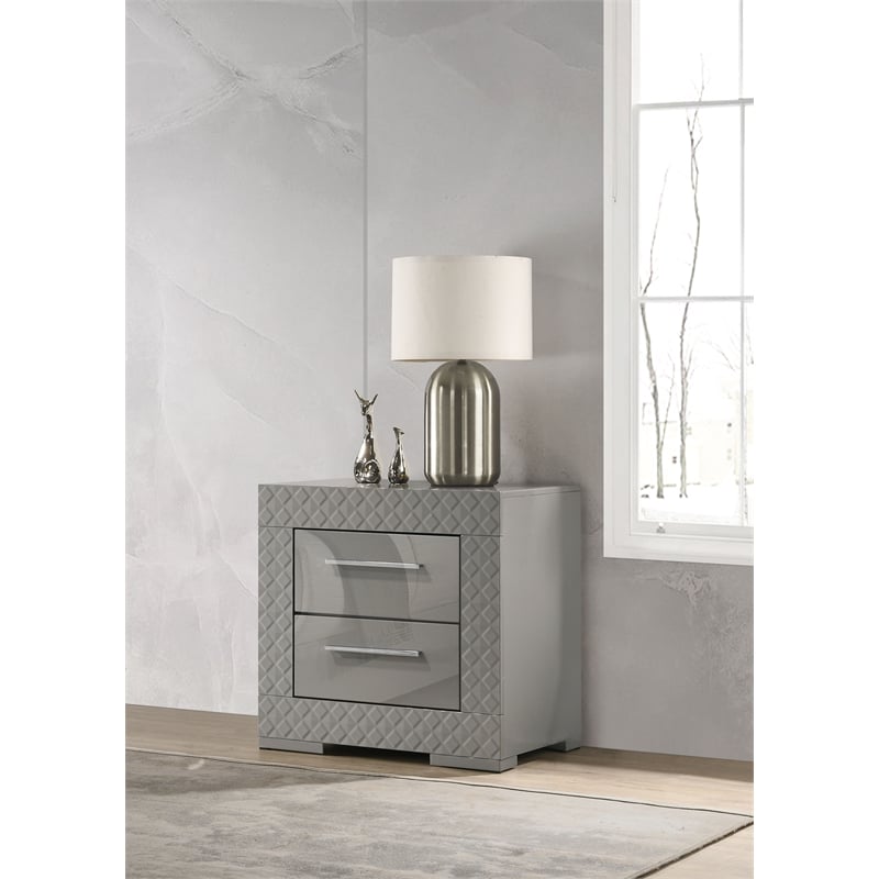 Pemberly Row 2-Drawer High Gloss Nightstand Bedside Table in Grey