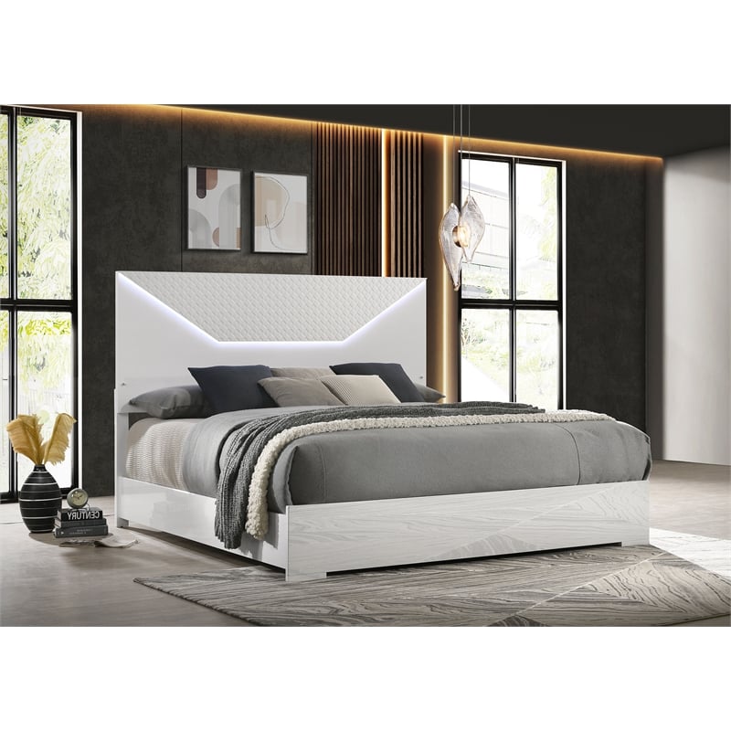 Pemberly Row Queen Panel Bed with LED Headboard in White High Gloss