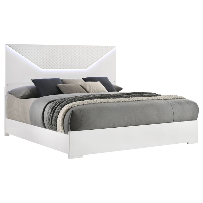 Pemberly Row Queen Panel Bed with LED Headboard in White High Gloss