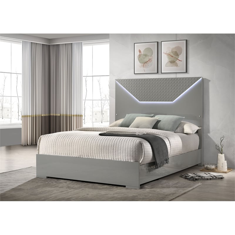 Pemberly Row Queen Panel Bed with LED Headboard in Grey High Gloss