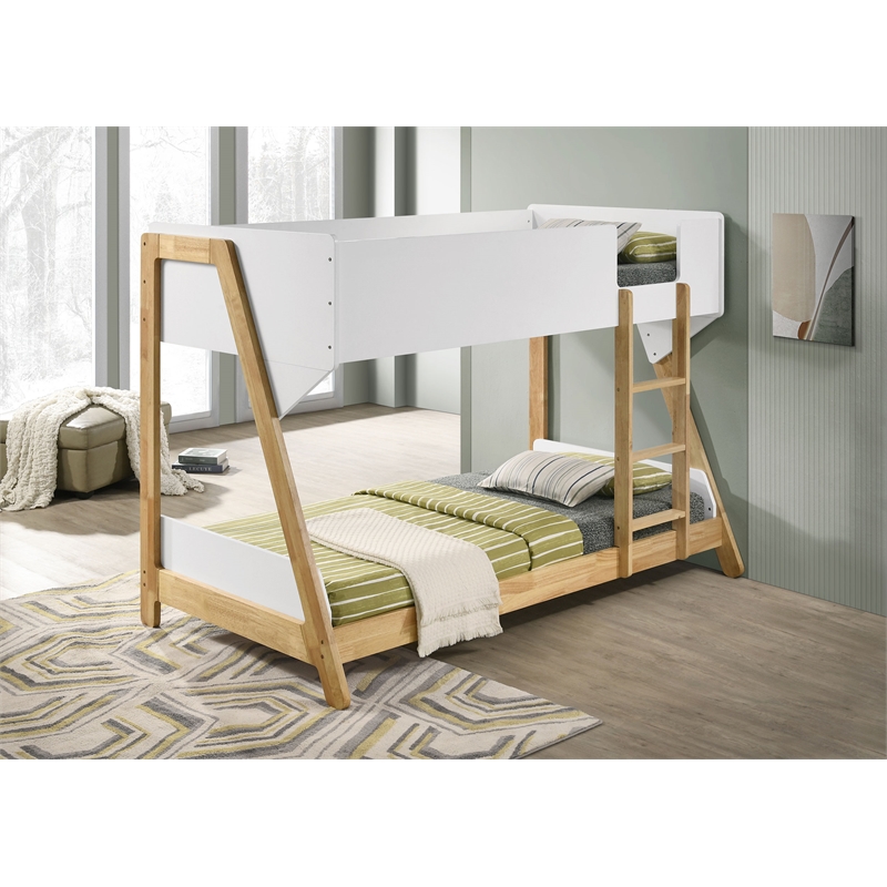 Pemberly Row Wood Twin Over Twin Bunk Bed in White and Natural
