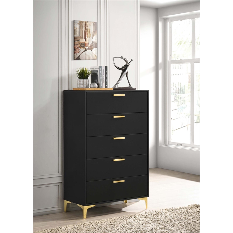 Pemberly Row 5-Drawer Bedroom Chest in Black with Gold Accents