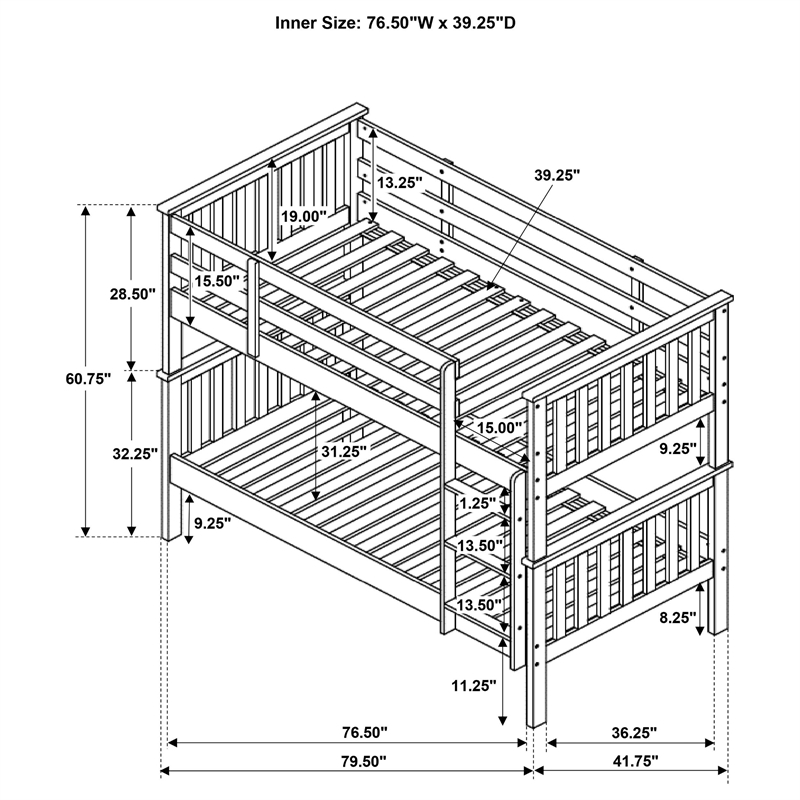 Pemberly Row Wood Twin Over Twin Bunk Bed with Mattresses in White