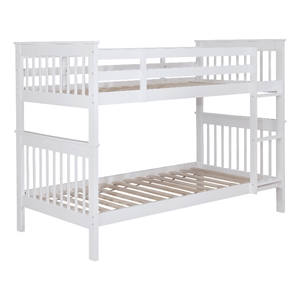 Pemberly Row Wood Twin Over Twin Bunk Bed with Mattresses in White