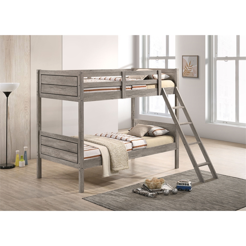 Pemberly Row Twin Over Twin Bunk Bed with Mattresses in Weathered Taupe