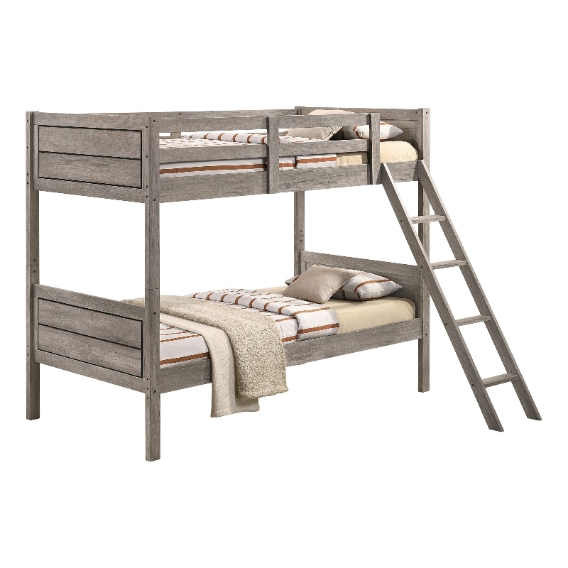 Pemberly Row Twin Over Twin Bunk Bed with Mattresses in Weathered Taupe