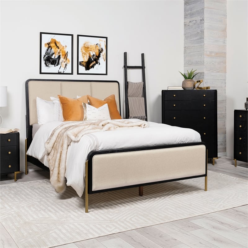Pemberly Row 56-Inch Coastal Queen Panel Bed in Cream and Black