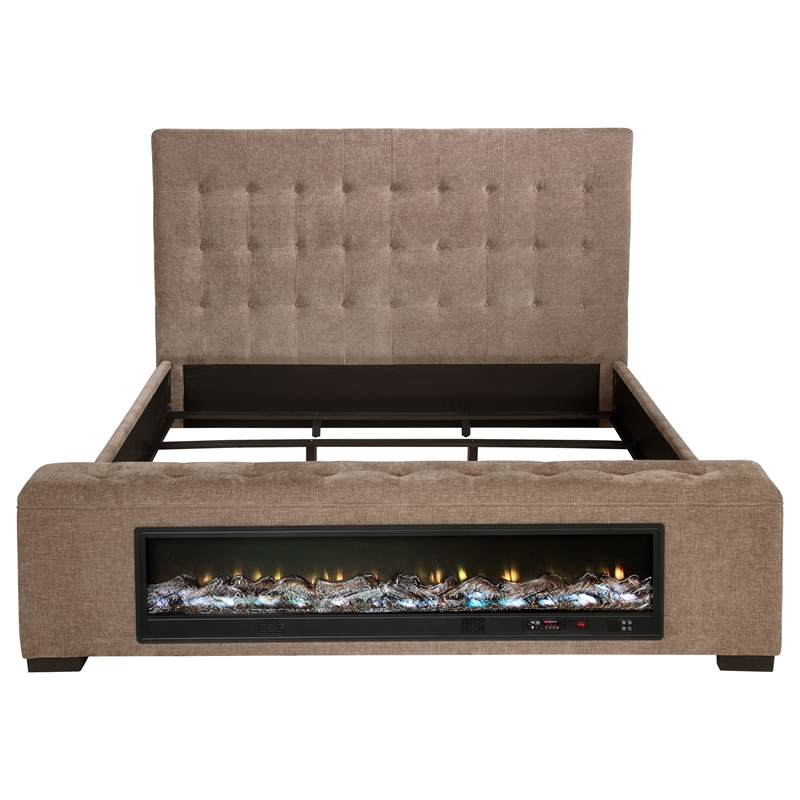 Pemberly Row Upholstered Eastern King Flame Visualizer Bed in Brown