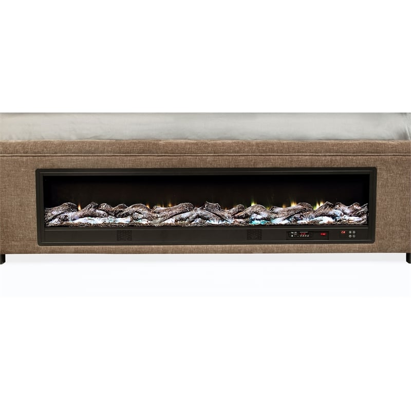 Pemberly Row Upholstered Eastern King Flame Visualizer Bed in Brown