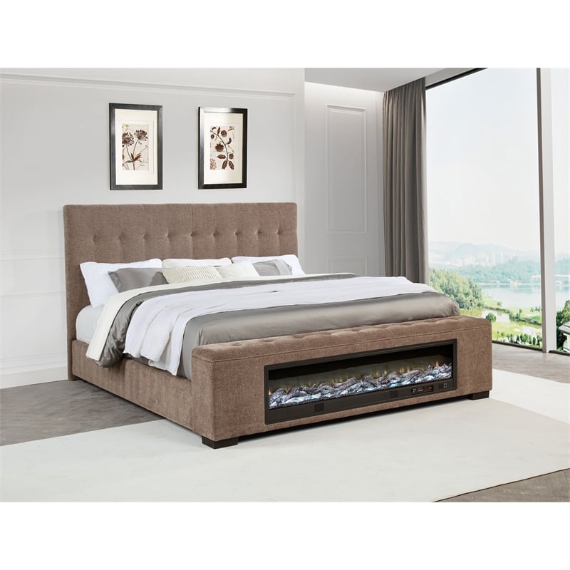 Pemberly Row Upholstered California King Flame Visualizer Bed in Brown