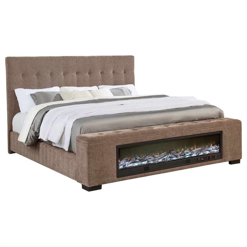 Pemberly Row Upholstered California King Flame Visualizer Bed in Brown