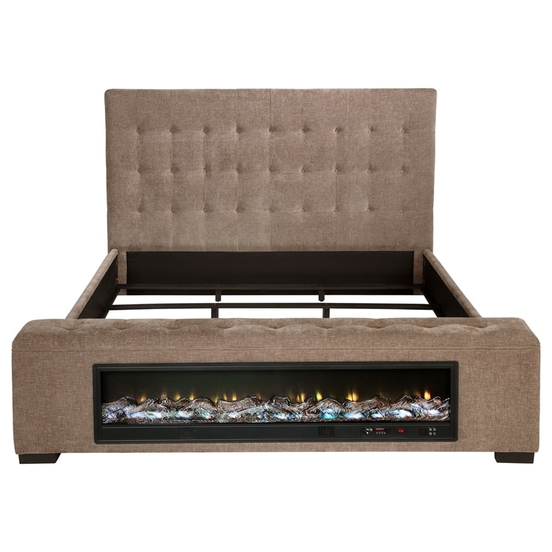 Pemberly Row Upholstered California King Flame Visualizer Bed in Brown