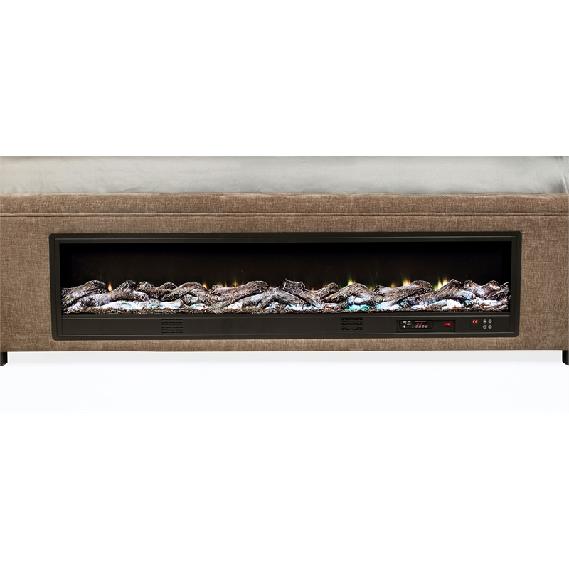 Pemberly Row Upholstered California King Flame Visualizer Bed in Brown