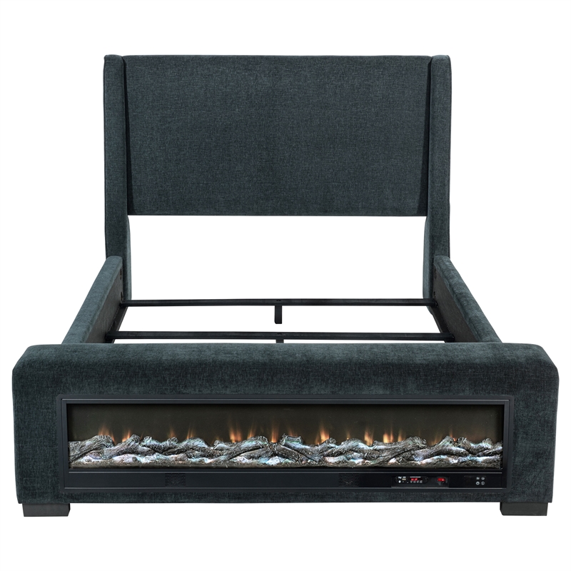 Pemberly Row Upholstered Eastern King Flame Visualizer Bed in Dark Blue