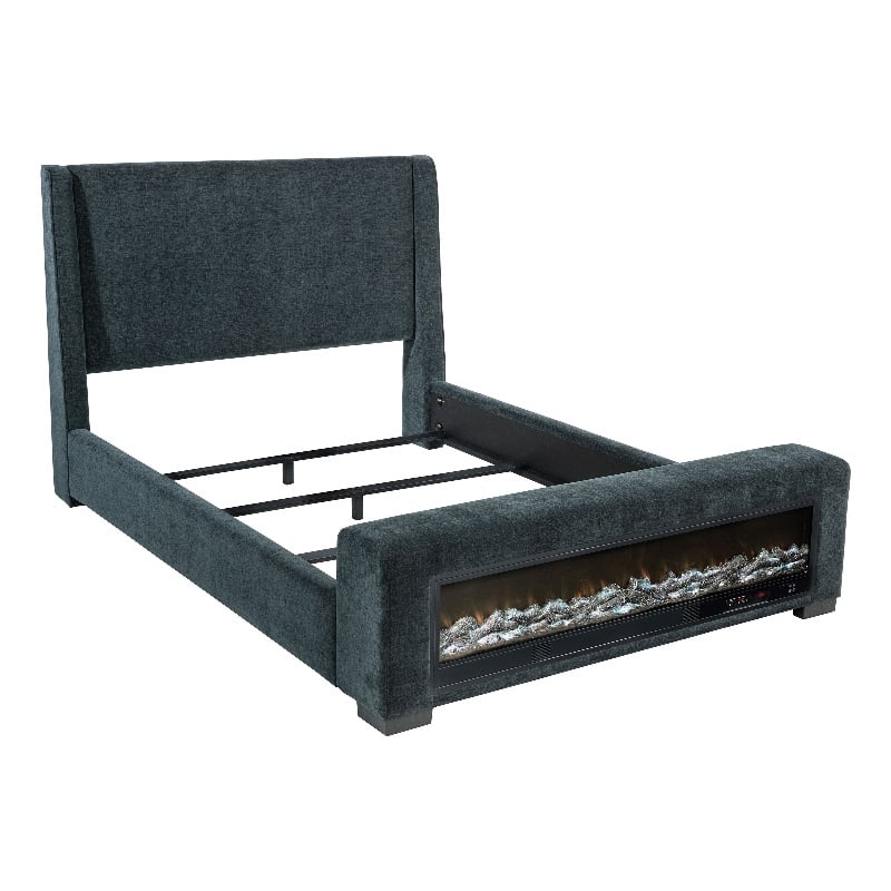 Pemberly Row Upholstered California King Flame Visualizer Bed in Dark Blue