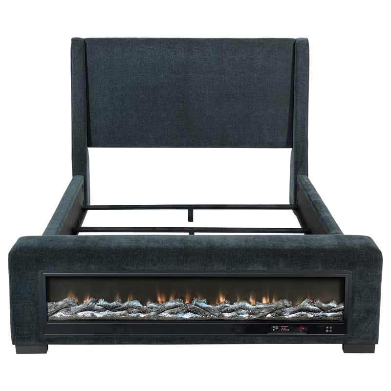 Pemberly Row Upholstered Queen Flame Visualizer Bed in Dark Blue
