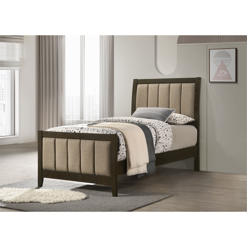 Pemberly Row 51-Inch Upholstered Twin Panel Bed in Dark Cocoa