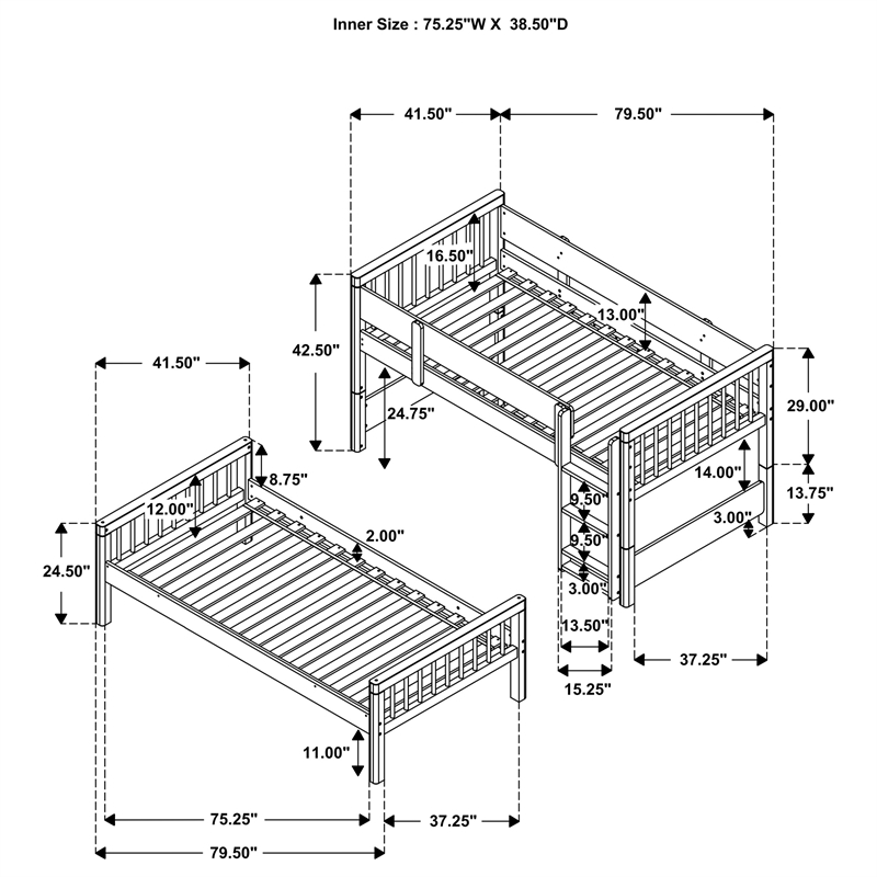 Pemberly Row Wood Convertible Twin Over Twin Bunk Bed in Natural