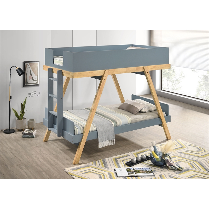 Pemberly Row Farmhouse Twin Over Twin Bunk Bed with Mattresses in Blue