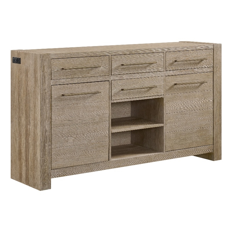 Pemberly Row Solid Spruce Wood Sideboard with Outlet in Weathered Sand