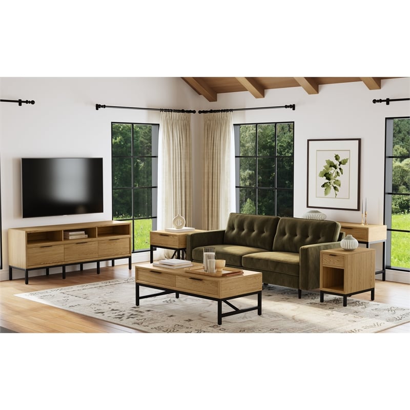 Pemberly Row Oak Veneer 2-Drawer Coffee Table in Natural Oak