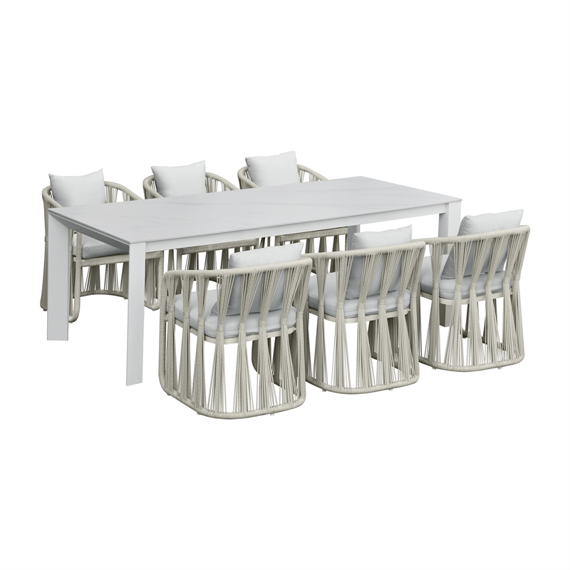 Pemberly Row Aluminum Outdoor Dining Table with Stone Top in White
