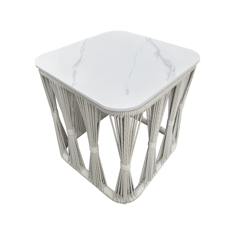 Pemberly Row Aluminum Outdoor Side Table with Stone Top in White