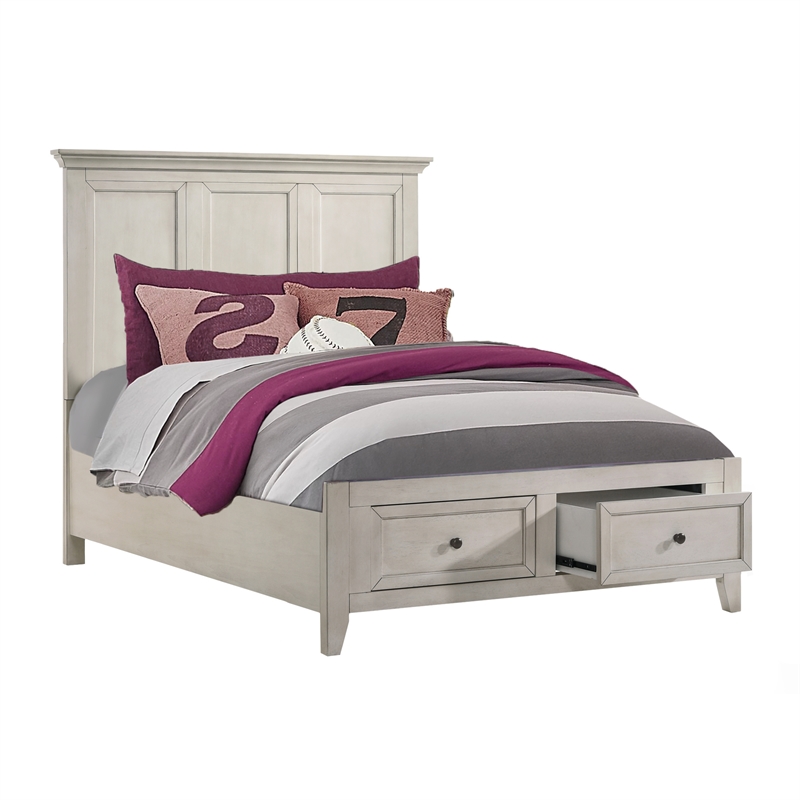 Pemberly Row Solid Rubberwood Full Storage Youth Bed in Rustic White