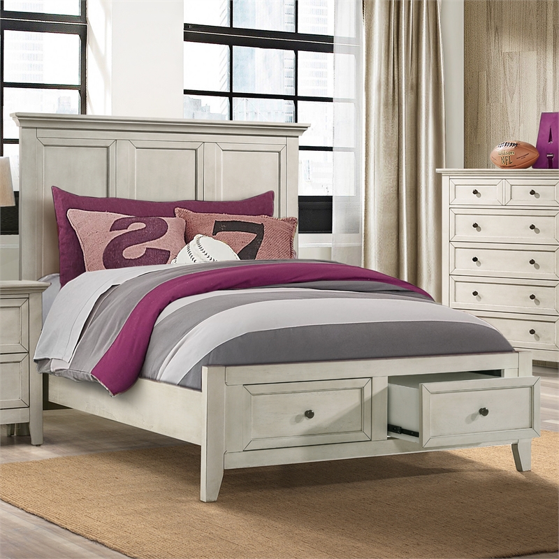 Pemberly Row Solid Rubberwood Full Storage Youth Bed in Rustic White