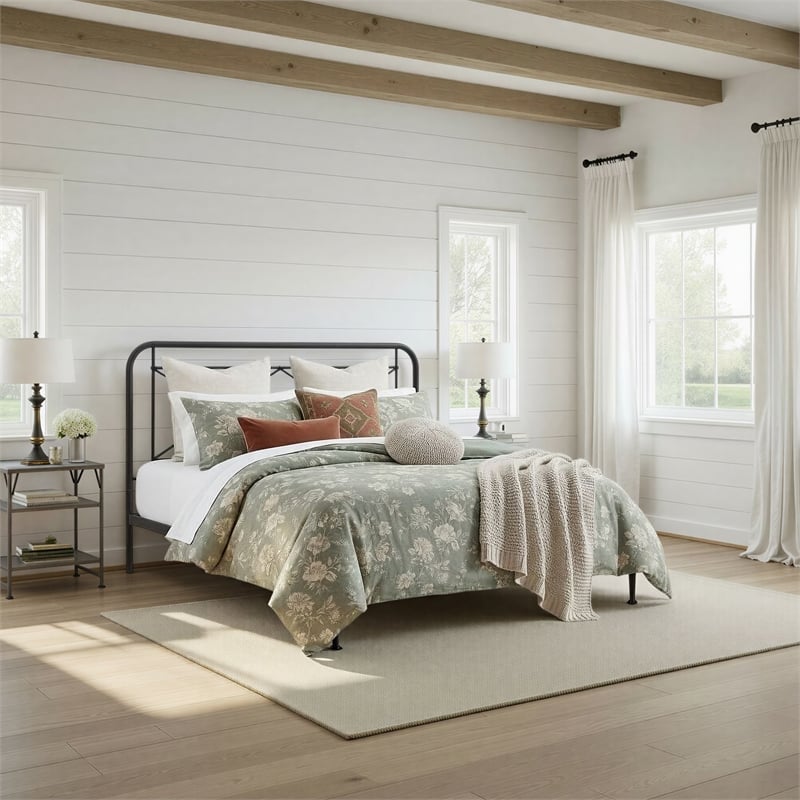 Pemberly Row Vintage Powder-Coated King Metal Bed in Matte Black