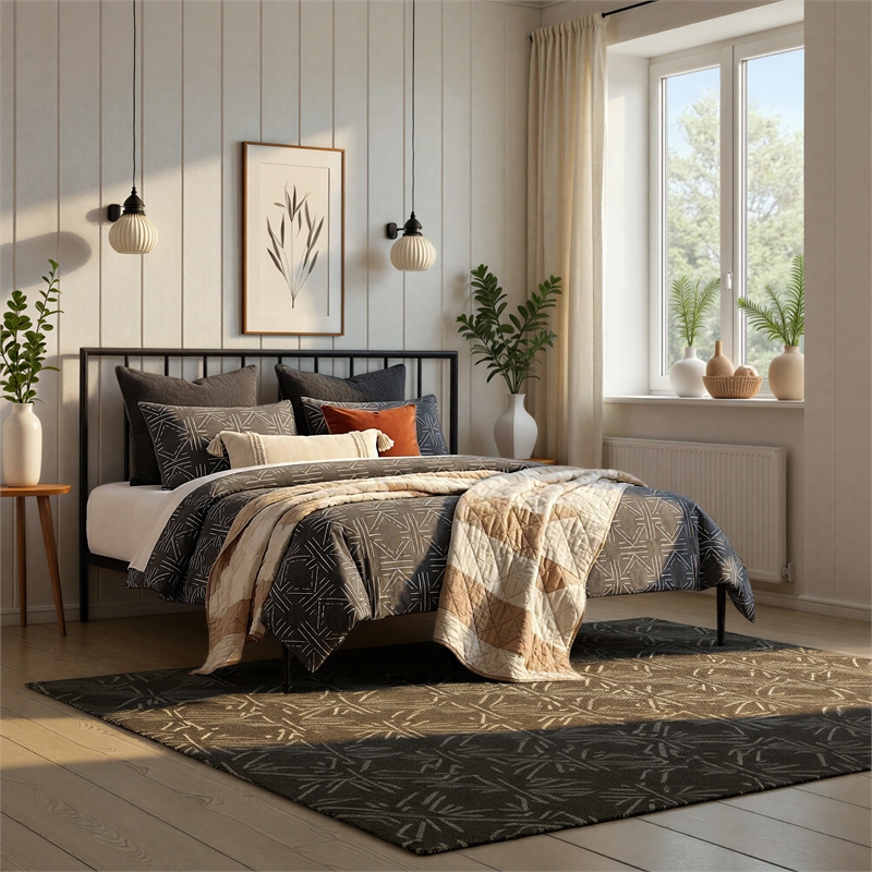 Pemberly Row Modern Powder-Coated King Metal Bed in Matte Black